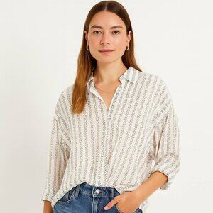 Talbots Women's White Olive Green Stripe Cotton Blouse